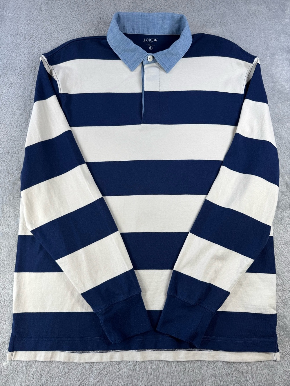 J.Crew Factory Mens L Rugby Shirt Navy Ivory Stripe Chambray Collar Preppy